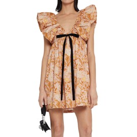 hibshaby Women's Floral Print Mini Dress V Neck Puff Sleeve Dress Short Babydoll Bow Dress M