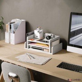 Ballucci 3-Tier Desk Organizer with 2 Side Mail Sorter Slots, Wood Letter Tray, Open Top Paper Organizer, Desktop File Organizer, White