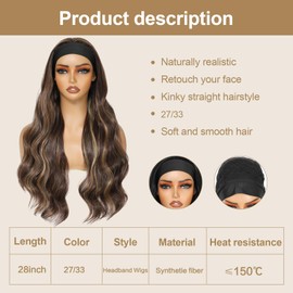 Yacurcur Glueless Headband Wig Long Body Wave Headband Wigs for Women Synthetic Natural Looking Wavy Wig 150% Density Brown with Blonde Color (28 Inch, 27/33)