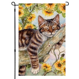 BLKWHT Summer Cat Garden Flag 12x18 Inches Double Sided for Outside, Sunflower Burlap Small Seasonal Yard Flag for Outdoor Decor BW640