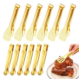 12Pcs Mini Tongs Stainless Steel Food Tong 6" 7" Gold tongs for Serving Food Small Buffet Tong for Appetizers, Tea Party, Coffee Bar, Charcuterie Board, Salad, Kitchen Cooking Tools
