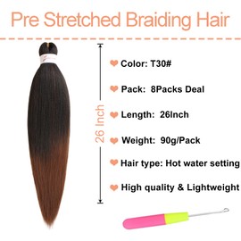 Mscat 26 Inch 8 Packs Pre Stretched Braiding Hair Ombre Brown Pre Stretched Braiding Professional Synthetic Prestretched Crochet Braids Hair Extension Hot Water Setting Yaki Texture (T30#)