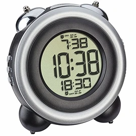 TFA Dostmann Digital Bell Alarm Clock, 60.2016.01, with Two Alarm Alarms with Snooze Function, Day of the Week and Date, Loud Alarm, Black/Silver, (L) 106 x (W) 73 x (H) 108 mm
