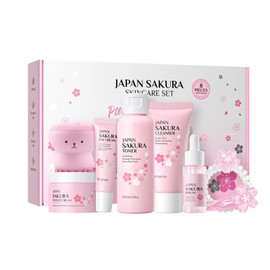 8PCS Sakura Skin Care Sets & Kits for Teenage Girls-Moisturizing and Hydrating Sets- Facial Cleansing Brush Cleanser, Toner, Serum, Eye Cream, Face Cream, Hair Clip&Tie,Complete Gift Sets for Women