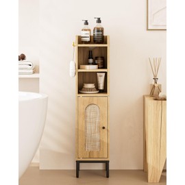 AEPOALUA Bathroom Storage Cabinet, Small Corner Floor Hutch with Door and Shelves, Narrow Toilet Paper Cabinet, Bathroom Organizer with Adjustable Shelf, for Small Spaces (Classic-Rattan, Yellow)