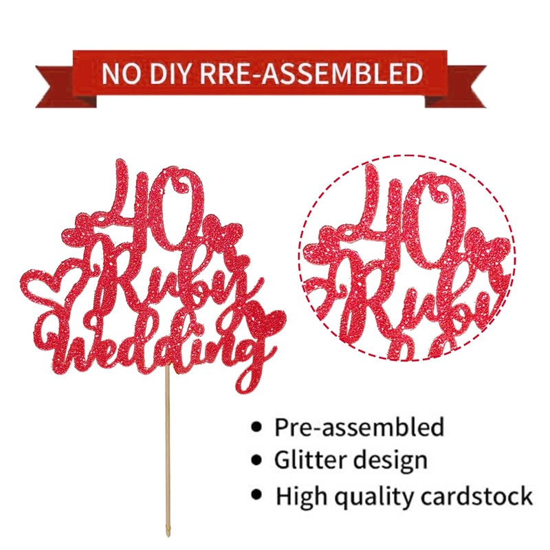 24Pcs 40th Ruby Wedding Anniversary Cupcake Toppers, Red Glitter Heart