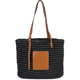 styleBREAKER Women's Basket Weave Shoulder Bag Made of Paper Straw Beach Bag with Long Handles, Braided Bag, Shopper 02012381, black