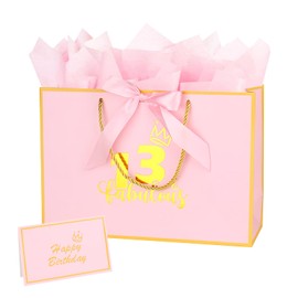 Geschenktüte zum 13. Geburtstag mit Geschenkkarte und Seidenpapier für Mädchen zum 13. Geburtstag, 32,6 cm, Rosa