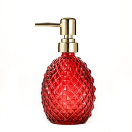 WAIT FLY Rhombus Surface Glass Soap Dispenser with Plastic Pump, Refillable Lotion Soap Bottle, Dish Soap Dispenser, Hand Soap Dispenser, Home Decoration-Red-11 OZ
