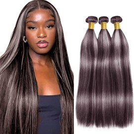 P4/Grey Bundle Highlight Straight Human Hair Bundles Two Tone Brown Mixed With Gray Bundles Human Hair 12 14 16 Inch Silver Straight Bundle