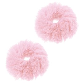 PEOVLVN 2 Pcs Pink Scrunchies, Pom Pom Hair Ties Faux Rabbit Fur Fuzzy Scrunchies Fluffy Ponytail Holders Hair Accessories for Girls Women (pink)