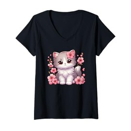 Womens Cute Kawaii Cat with Cherry Blossoms Anime Cartoon Design V-Neck T-Shirt