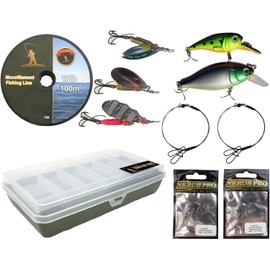 Pike Fishing Spinning Tackle Box Set Including Traces Spinners Plugs Swivels Line Lures