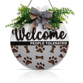 OLMIXA 3D Dogs Welcome Wreath Wooden Sign (12x12inch), People Tolerated With Dog Footprint Bone Front Door Hanger, Pet Decorative Signs for Lover Gift