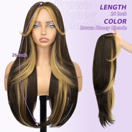 Eawwii Brown Honey Blonde Glueless Wigs for Women Pre Cut Synthetic Lace Hairline Long Layered Straight Hairstyle 26 Inch