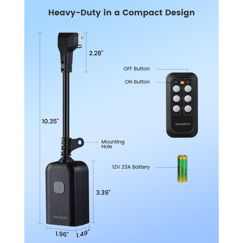 SURAIELEC Outdoor Wireless Remote Control Outlet Kit, Waterproof Remote Power