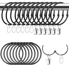 HavaCue 20 Pieces 50 mm Curtain Rings with Clips, Curtain Clips with Hooks Set Curtain Rings Metal Shower Curtain Rings Stainless Steel Curtain Rings for Curtains and Curtain Poles (Black)