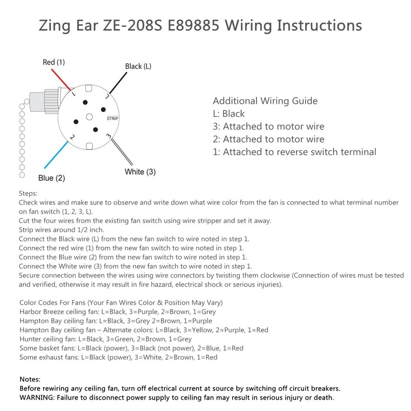 Ceiling Fan Switch Kit Zing Ear ZE-208S E89885 3 Speed