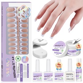 SAVILAND Nail Tips Long Square: 4X Soft Gel Press On Nails Full Cover Brown Fake Nails 96 Pcs 16 Sizes Long Lasting Gel X Nail Tips with Solid Nail Glue Nail Bond Primer Builder Nail Gel U V Lamp Tool