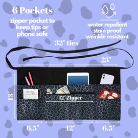 Plum Hill Black Leopard Waitress Apron with Pockets, Short Serving Apron with Zipper, Teacher Apron, Server Aprons for Waitress Cute, Money Apron for Cash, Half Aprons for Women