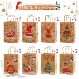 MIZIJIA Christmas Gift Bags, Pack of 16 Christmas Kraft Gift Bags, Gift Bag with Carry Handle, Bag with Christmas Print, for Christmas Party, Birthday Party