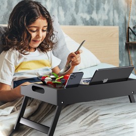 Bed Tray Table with Handles Folding Legs Bamboo Breakfast Tray with Phone Tablet Holder,Foldable Breakfast Table, Laptop Desk (Black, Medium)