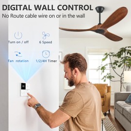 Eliora Ceiling Fan without Light, 52" Wood Ceiling Fan no Light with Remote Wall Switch, Outdoor Ceiling Fan for Patio, Porch, Bedroom, 6 Speed, Quiet DC Motor, ETL Listed-Deep Walnut