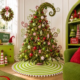 30 Inch Green and White Christmas Tree Skirt with Pom Poms