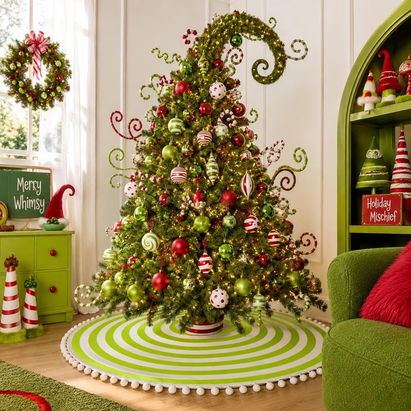 30 Inch Green and White Christmas Tree Skirt with Pom