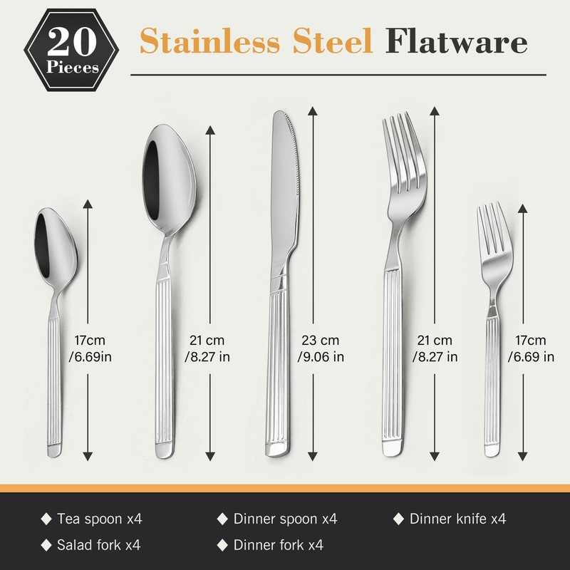 Aufranc 20 Piece Silverware Set, Stainless Steel Flatware Set for