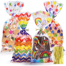 Plastic Cellophane Treat Bags with Twist Ties, 50Pcs Plastic Candy Cookie Bags with Twist Ties, Christmas Cellophane Treat Party Gift Bag Clear Treat Favor Treat Bags