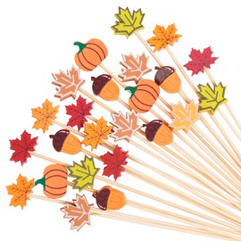 Cocktail Picks - 100 Counts Fall Maple Leaves Pumpkins Acorns Decorative Toothpicks for Appetizers, 4.7 inch Long Bamboo Skewers Wooden Sticks for Autumn, Thanksgiving Day Party Decorations