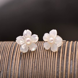 Freshwater Cultured Pearl Studs Hand Carved Shell Flower Earrings for Women, White