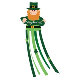 47 Inches St. Patrick's Day Leprechaun Windsock Decoration, Green Hanging Outdoor Windmill Decor with Shamrock Designs, Festive Irish-Themed Wind Sock Ornament for Garden, Patio, and Yard