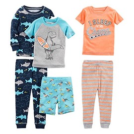 Simple Joys by Carter's - Conjunto de pijama de algodón ajustado de 6 piezas, tiburón/surfista, talla 3T
