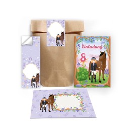 Junapack 12 Invitation Cards Girl with Horse for 8th Birthday Party Girl with 12 Envelopes, 12 Bags / Natural / 12 Stickers