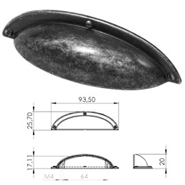 Decoranddecor Cup Shell Half Moon Handles Knob Door Pull Handle Kitchen Cupboard Cabinet Drawer (64mm Hole Center - 93,50 Overall Length, Pewter/Antique Silver)