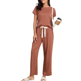 BAJAOEY Womens Pajama Sets 2 Pieces Lounge Sets for women Short Sleeve Top with Long Pajama Pants Soft Sleepwear Pj Sets S Red-brown