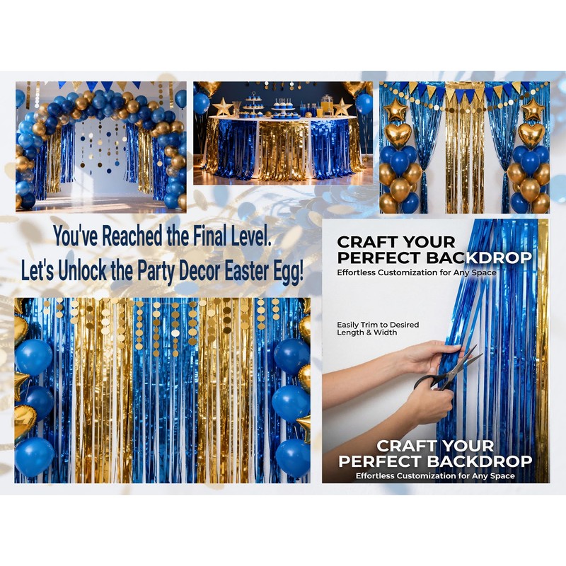 Parxara 4-Pack Blue Gold Foil Fringe Curtain,Party Decoration Streamer