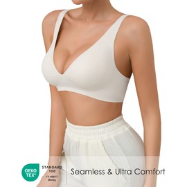 SHARICCA Pro Seamless Bra for Women Deep V Neck Wirefree Bra Adjustable Strap Comfort Sleep Bra Removable Padded Bralette(White,M)