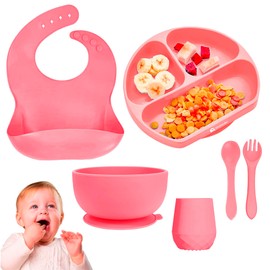 Bluelander Juego de Vajilla para Bebé de Silicón, 6 Piezas Antideslizantes, Fácil de Limpiar, Libre de BPA, Plato con Divisiones, Babero, Bowl, Vaso, Cuchara y Tenedor, Accesorios para Bebé (Rosa)