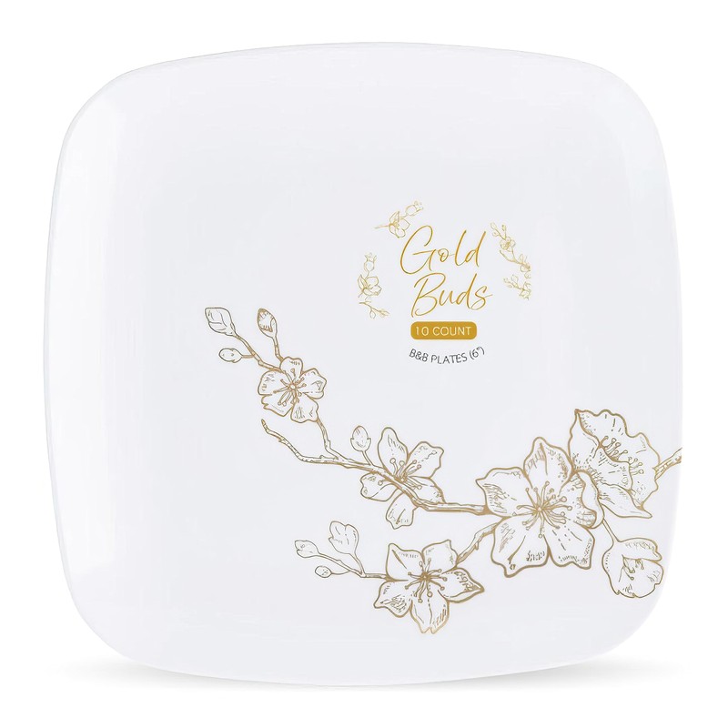 Blue Sky Gold Buds Elegant 6" Square Disposable Plastic Plates