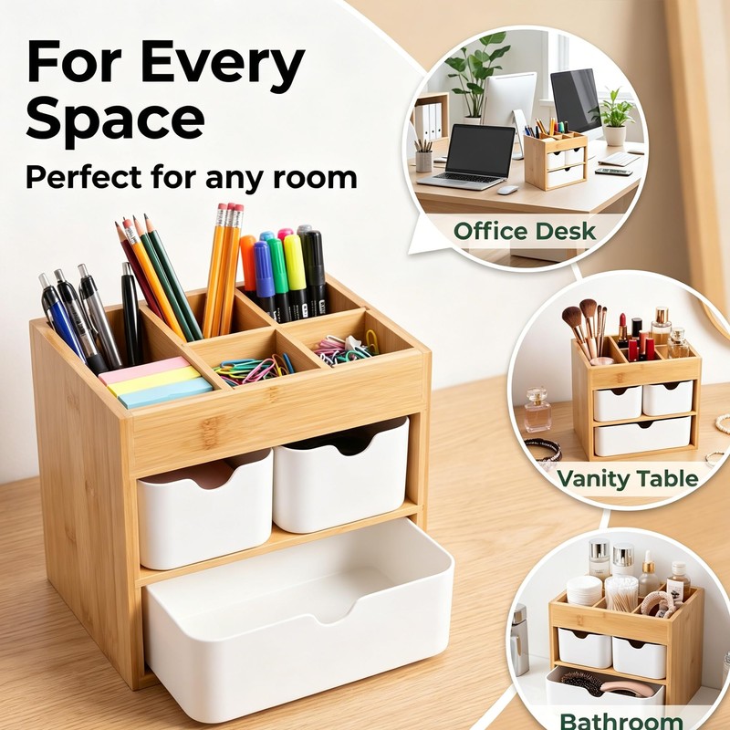 Small Bamboo Makeup Organizer with 3 Drawers
