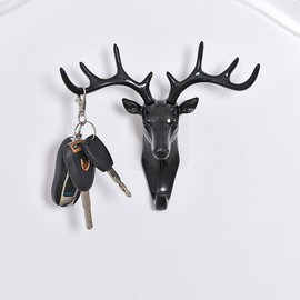 Jkhome Deer Wall Key Holder Hook Hanger with 9 Hooks Storage Wall Mounted Decorative Organizer Without Drilling, Black