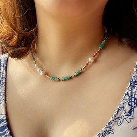 Stocking Stuffers Gifts for Women Green Agate Necklace Pearl Choker Necklace Pearl Beaded Necklace Summer Beach Necklace Jewelry for Women Girls