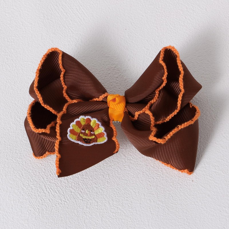 4in Brown Embroidered Ribbon Thank Give Turkey Hair Bow Clip
