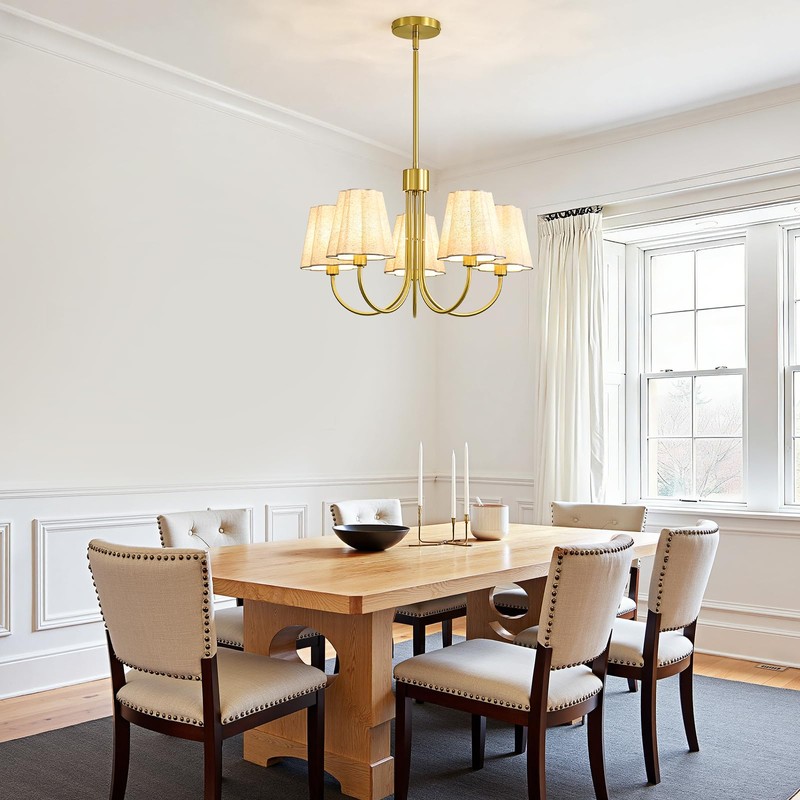 Linour Gold 5 Light Chandelier for Dining Room, Fabric Shade