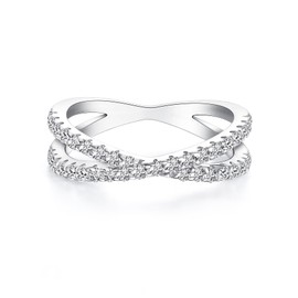 Oivley Wedding Band for Women Criss Cross Stackable 925 Sterling Silver Rings with 18K White Gold Plated CZ X Ring Wedding Rings for Women Cubic Zirconia Rings Full Eternity Promise Rings for Her-60