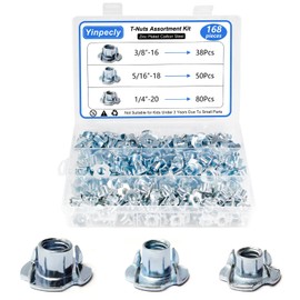 Yinpecly T Nuts 1/4"-20, 5/16"-18, 3/8"-16, (168 Pack) Zinc Plated Carbon Steel T-Nut, 4 Pronged Tee Blind Nuts, Threaded Inserts for Wood, Rock Climbing Holds, Cabinetry, Furniture