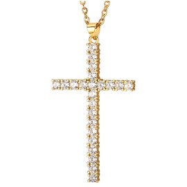 Womens Gold Steel Cubic Zirconia Cross Pendant Necklace, Adjustable Rope Chain, Unique